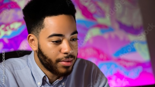 upper. Creative professional immersed in work, surrounded by vibrant abstract colors symbolizing ideas. wellbeing guides, coaching materials, designed for coaching and self-improvement content.