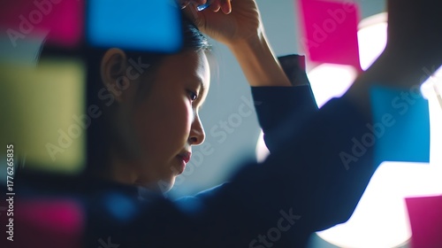 upper. Creative professional immersed in work, surrounded by vibrant abstract colors symbolizing ideas. wellbeing guides, coaching materials, designed for coaching and self-improvement content.