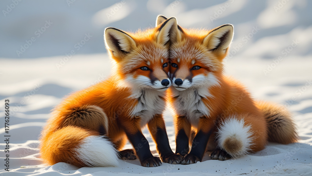 Obraz premium Two red foxes close together on sand, wildlife nature portrait