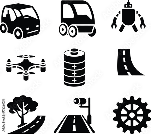 Black icons of autonomous vehicles drone battery road and robot