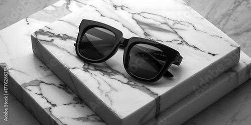 Stylish black sunglasses resting on elegant marble slabs, conveying luxury and fashion.