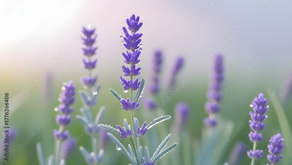 Naklejka premium Fresh purple lavender flowers with sparkling dew drops in soft light