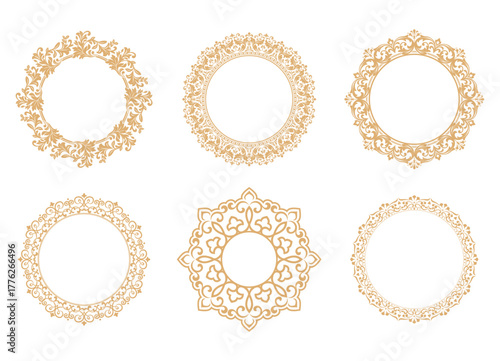 Set of decorative frames Elegant vector element for design in Eastern style, place for text. Floral golden and white borders. Lace illustration for invitations and greeting cards