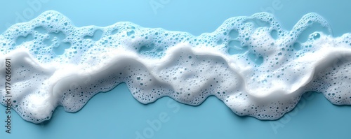 Soap foam bubbles wave on blue background, realistic white shampoo or detergent froth texture with small bubbles for cleaning and washing design.