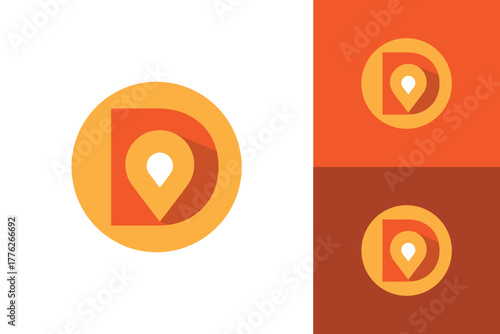 The image shows a flat logo design that depicts an initial letter D with a drop pin icon inside a round shape in yellow and orange color