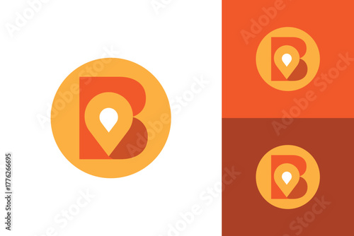 The image shows a flat logo design that depicts an initial letter B with a drop pin icon inside a round shape in yellow and orange color