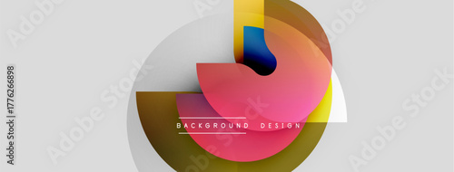 Abstract geometric shapes overlap, creating vibrant color gradients. Design features circles, rectangles, soft shadows. Modern background element.