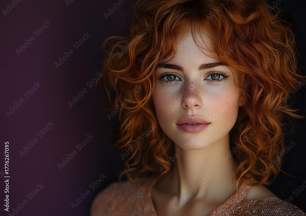 Fototapeta premium Young woman with natural red curly hair, freckles, and green eyes against dark background wearing soft pink sweater. Close-up portrait showcasing natural beauty.