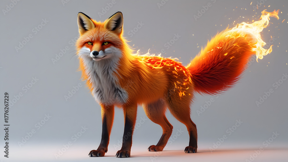Fototapeta premium Fiery red fox standing proudly, its fur and tail ablaze with intense heat