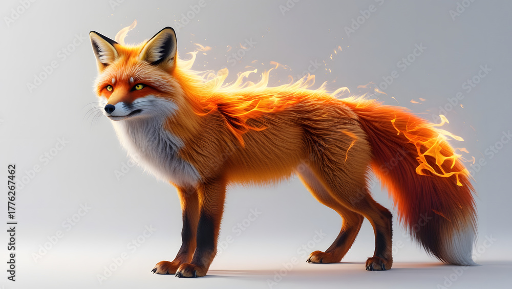 Fototapeta premium Fiery fox with vibrant orange flames on its back and tail