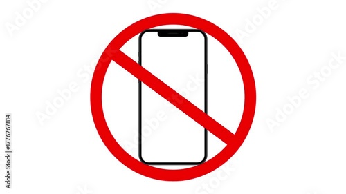 Animated large no phone icon with a red prohibition circle on a white background. Use for quiet zone warning, device ban, or alert footage.