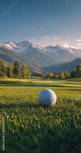 Golf ball on a green fairway with mountains in the background.
