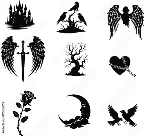 Black silhouette gothic symbols castle crows sword rose moon heart