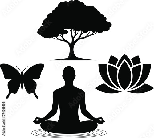 Black silhouette of person meditating near lotus flower and tree