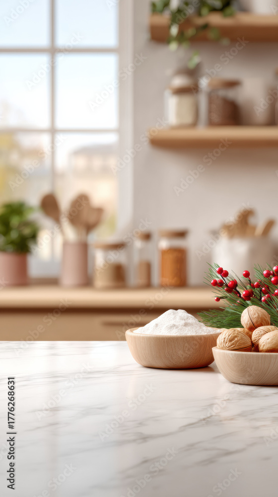 custom made wallpaper toronto digitalCozy kitchen countertop with baking food ingredients for Christmas holiday. peaceful winter home scene with marble table and blurred background for copy space