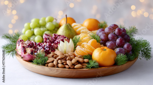 Wallpaper Mural Festive fruit platter with fresh grapes, pear, and nuts, healthy holiday snack. abundant Christmas food arrangement on wooden plate evokes feelings of warmth and joy Torontodigital.ca