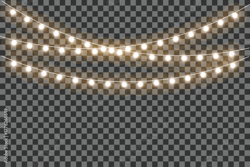 String of warm white fairy lights festive garland for holiday decoration isolated on transparent background. EPS vector illustration