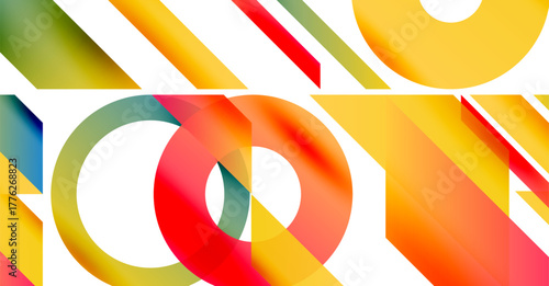 Abstract composition. Overlapping colorful shapes create dynamic visual effect. Bright hues, geometric forms dominate design.