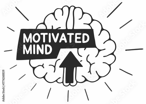 Motivated Mind — upward arrow integrated into brain or head icon, bold lines, energetic modern design.