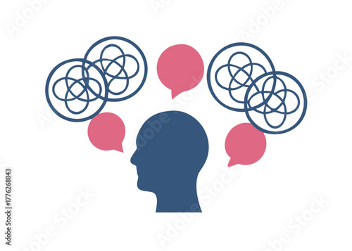 Overthinking Mind — multiple overlapping thought bubbles, tangled lines around head silhouette.