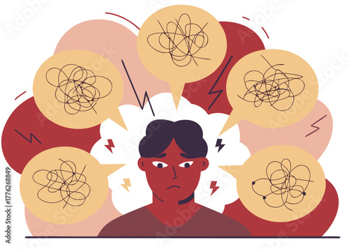 Overthinking Mind — multiple overlapping thought bubbles, tangled lines around head silhouette.