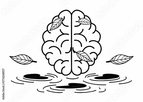 Mindful State — open brain with floating leaves or calm waves, pastel tones, Zen minimalism.