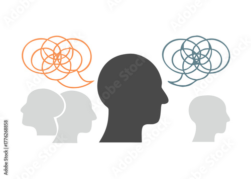 Overthinking Mind — multiple overlapping thought bubbles, tangled lines around head silhouette.