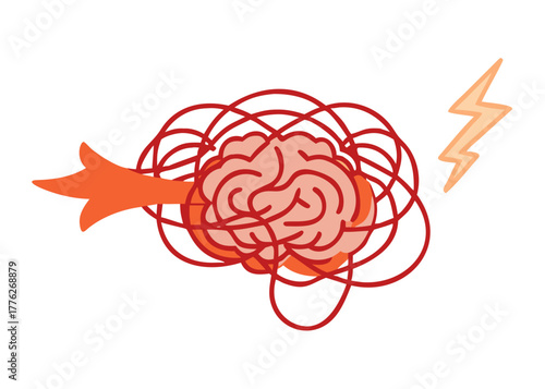 Stressed Mind — lightning bolt inside tangled brain, red-orange color palette, chaotic energy feel.