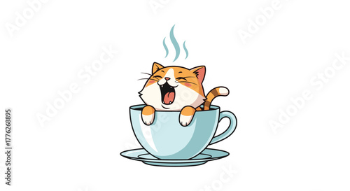 Cute cartoon orange cat sitting in a light blue teacup with steam rising.