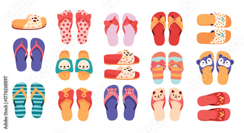 A colorful collection of various styles of flip-flops and slippers displayed on a white background.