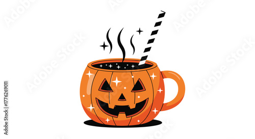 Cute jack-o-lantern mug filled with hot beverage and a straw.