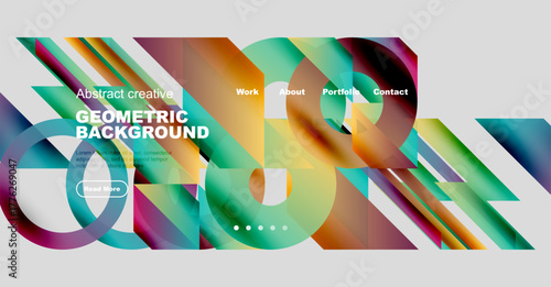Dynamic abstract design. Vibrant colors blend, creating fluid geometric shapes. Website header with navigation options visible.