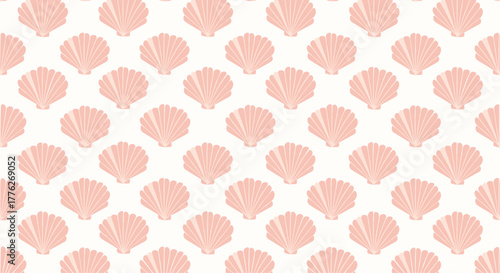 A seamless pattern of repeating light pink scallop shells on a cream background.