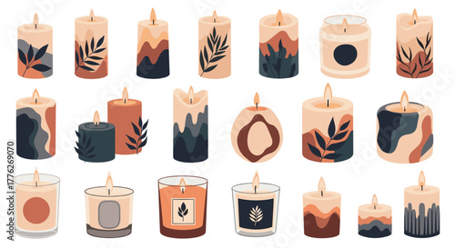 Collection of decorative candles with botanical and abstract designs in warm earthy tones.