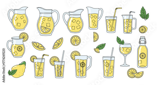 Collection of refreshing lemonade drinks and citrus fruits for a summer theme.