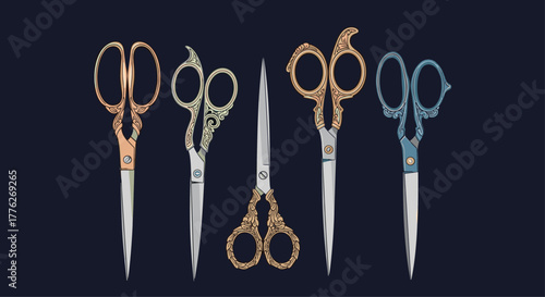 A collection of ornate vintage scissors with decorative handles in various colors.