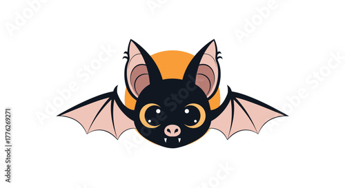 Cute cartoon bat with large ears and wings spread against a soft orange moon.
