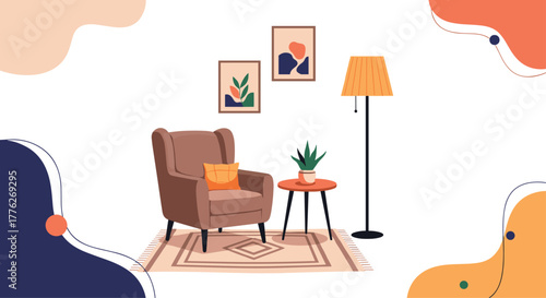 Cozy armchair in a minimalist living room with abstract art and a floor lamp.
