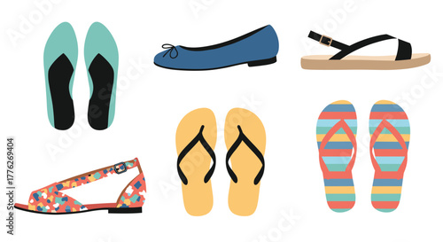 Collection of various flat footwear including ballet flats, sandals and flip-flops and espadrilles.