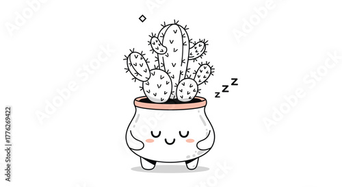 Cute sleeping cactus in a pot with zzz symbols, digital illustration.