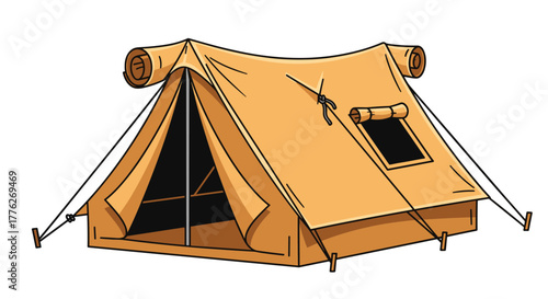 A simple illustration of a tan canvas tent for camping or outdoor adventures.