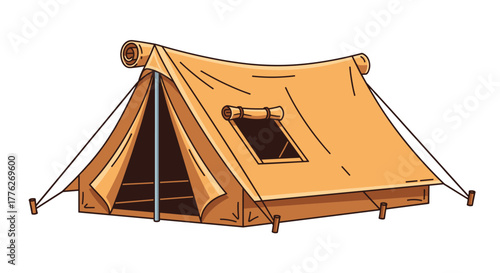 A simple illustration of a tan canvas tent with a rolled-up entrance and a small window.