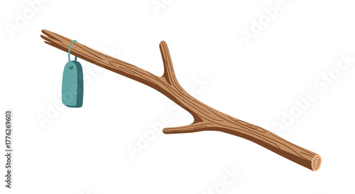 A stylized illustration of a wooden branch with a teal tag hanging from it by a string.