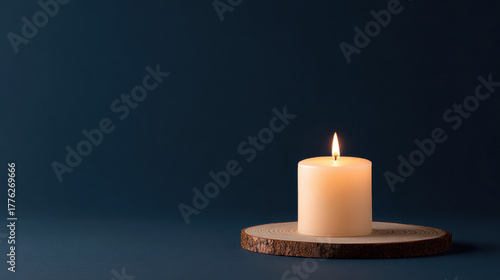Single burning candle light with calm flame creates tranquil, spiritual feeling of hope. wax object sits on wood against dark blue background for memorial or meditation