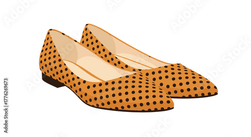 Pair of orange ballet flats with black polka dots on a white background.