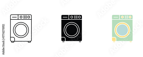 Washing machine icon set, laundry appliance isolated on white background.