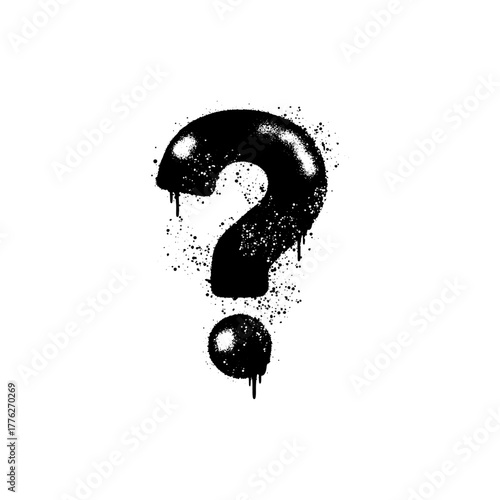 Black and white graffiti stencil of a dripping question mark symbol with spray paint texture.