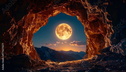 Full moon framed by cave entrance with illuminated rocky walls, mountain range, and twilight sky for editorial nature photography adventure decor and poetic majesty-themed visuals