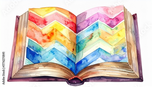 Open book with chevron-patterned watercolor pages in rainbow hues and maroon cover on light background for editorial art photography creative decor and poetic imagination-themed visuals