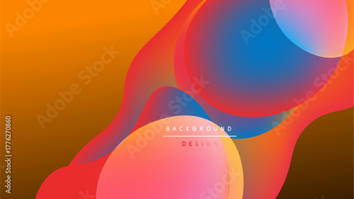 Abstract fluid shapes, vibrant colors blend. Orange, red, blue gradients create dynamic background design. Modern aesthetic.